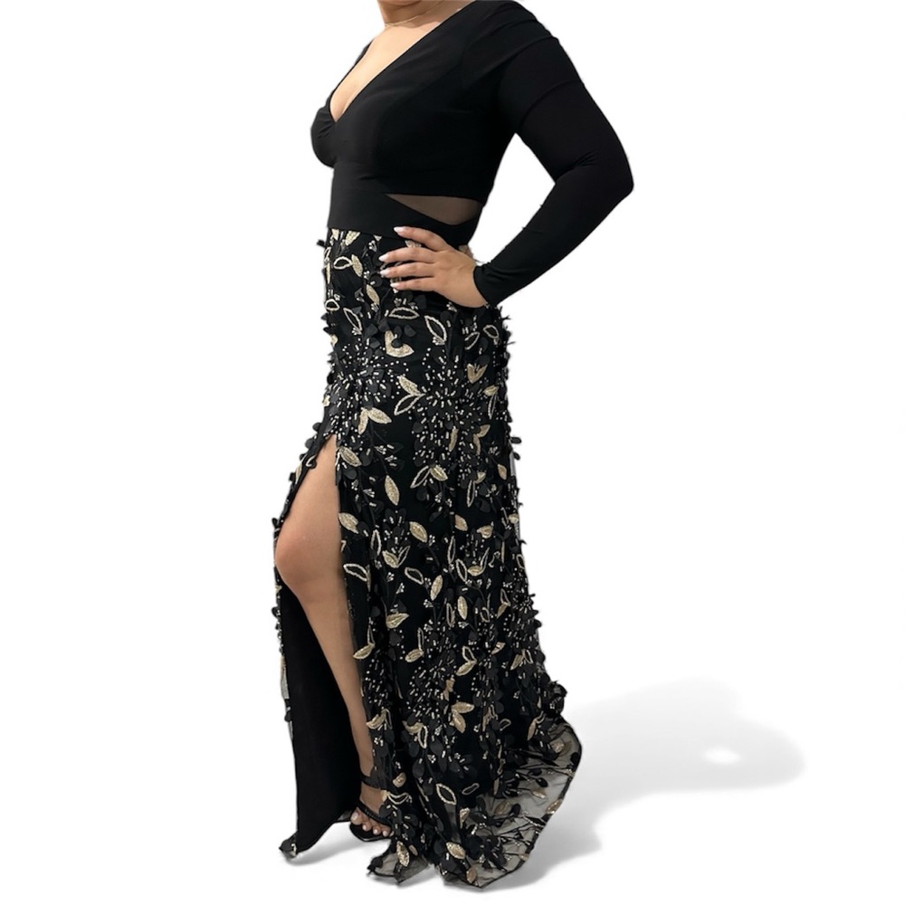 Xscape Black and gold 3D Floral Long Sleeve Gown - Picture 3 of 4